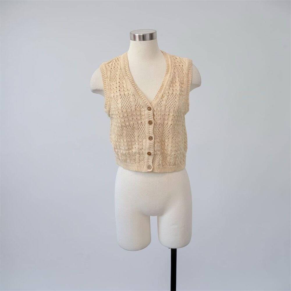 Vintage Liz Claiborne Linen Crochet Woven Sweater Vest Tan Medium - Picture 1 of 7